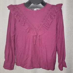 J.CREW Burgundy Ruffle Trim Honeycomb Knit Blouse Top Shirt XS